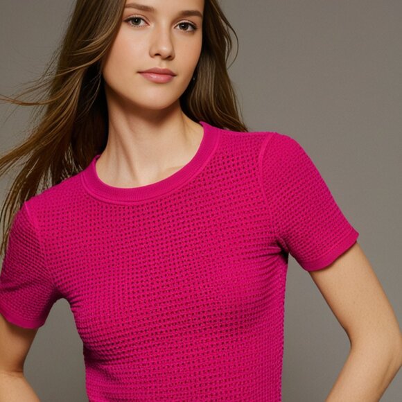 Milly Sweaters - Women's Milly Hot Pink Fuchsia Perforated Sweater Top Cotton Knit Shirt Blouse